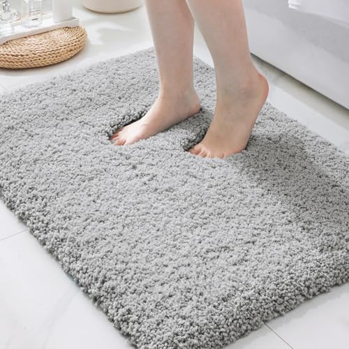 ILANGO Grey Bathroom Rugs 36" × 24" Non Slip & Super Absorbent Extra Thick Soft, Washable Bath Mat for Floor, Microfiber Plush Shaggy Bath Rug with Rubber for Bathtub Shower Room Sink