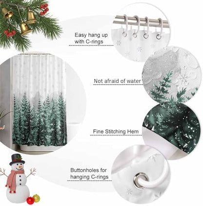 Shower Curtain Bathroom Set Christmas Tree Forest Gradient Green Waterproof Shower Curtains with Grommets Hooks Winter Snowflakes Gray Privacy Bath Curtain for Bathtub Decor 60x72in