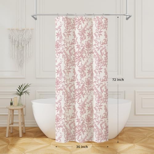 Pink Boho Linen Fabric Shower Curtain , Farmhouse Floral For Bathroom