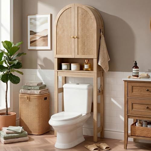 HMstone Over The Toilet Storage Cabinet, Arched Bathroom Organizer and Storage with Doors and Adjustable Shelf, Space-Saving Freestanding Bathroom Modern Storage Cabinet Over Toilet (Natural)