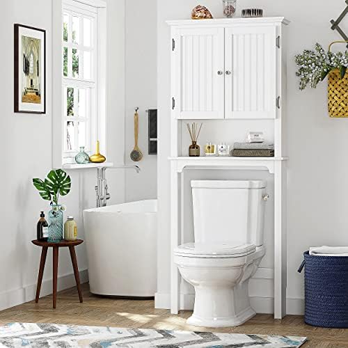 UTEX Over The Toilet Storage Cabinet, White Bathroom Organizer with Doors