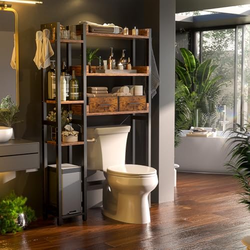 Besiost Over The Toilet Storage, 7 Tier Bathroom Organizer with Reversible Side Shelf and 2 Fabric Drawers, Adjustable Freestanding Rack Space Saver for Small Spaces, Rustic Brown