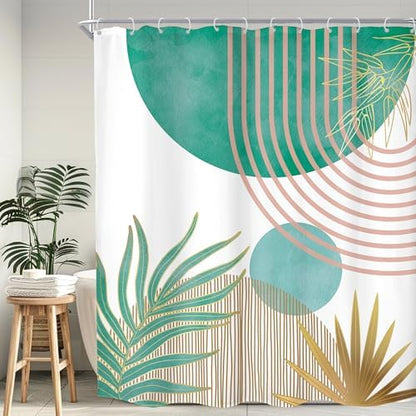 Mid Century Green Pink Boho Abstract Modern Bathroom Shower Curtain Set