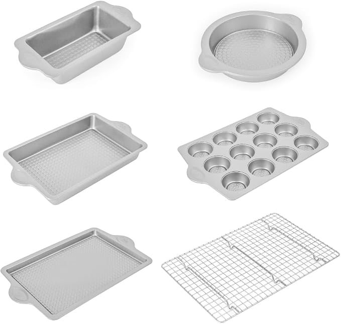 Betty Crocker Bakeware Bundle: Cooling & Icing Rack, Rectangular Pan, 12-Cup Muffin Pan, 9" Round -Loaf-Pan, Baking Sheet - All Durable Steel and Perfect for Baking right away.