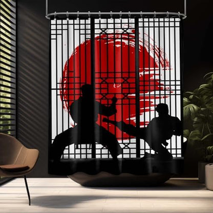 Japanese Shower Curtain Japan Anime Asian Black and Red Shower Curtains for Mens Bathroom Decor Sets, Waterproof Cloth Fabric with Hooks, 70x72 Inch