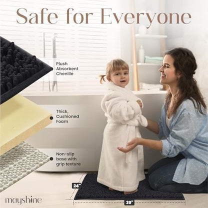 MAYSHINE Large Plush Shaggy Chenille Bath Mat 39"x24"| Extra Soft, Super Absorbent, Non-Slip Bathroom Rug | Fluffy Microfiber, Area Rug Sets for Bathroom Floor, Kitchen, Living Room| Black