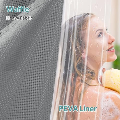 Vipfree 3 in 1 Shower Curtain Set, Waffle Shower Curtain and Liner Set with 12 Double Sided Shower Curtain Hooks, 258GSM Luxury Weighted Cloth Shower Curtains for Bathroom, 72 W x 84 H, Grey