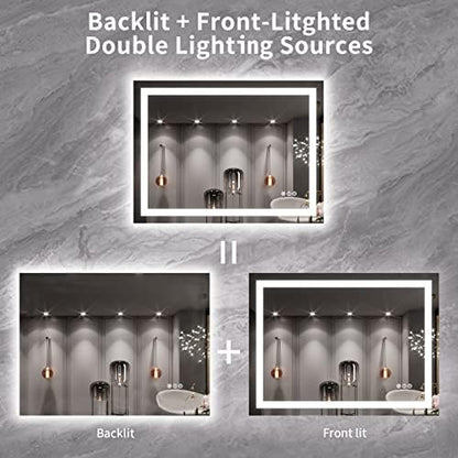 LOAAO 40X30 LED Bathroom Mirror with Lights, Anti-Fog, Dimmable, Backlit + Front Lit, Lighted Bathroom Vanity Mirror for Wall, Memory Function, Tempered Glass, ETL Listed