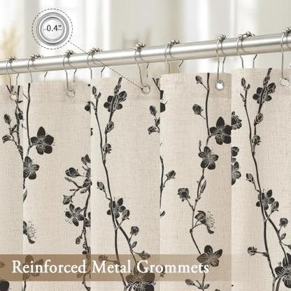 Gibelle Black Farmhouse Linen Shower Curtain, Boho Floral Fabric, 72 x 78