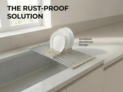 Medium Aluminum Roll Up Dish Drying Rack (17" x 13") - Fits Sinks up to 16 Inches, Heavy Duty Square Bar, Rust-Proof & Heat Resistant with Removable Dish Holder (Beige Medium)