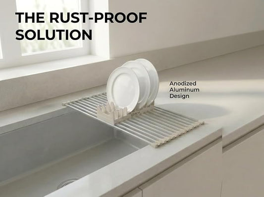 Medium Aluminum Roll Up Dish Drying Rack (17" x 13") - Fits Sinks up to 16 Inches, Heavy Duty Square Bar, Rust-Proof & Heat Resistant with Removable Dish Holder (Beige Medium)