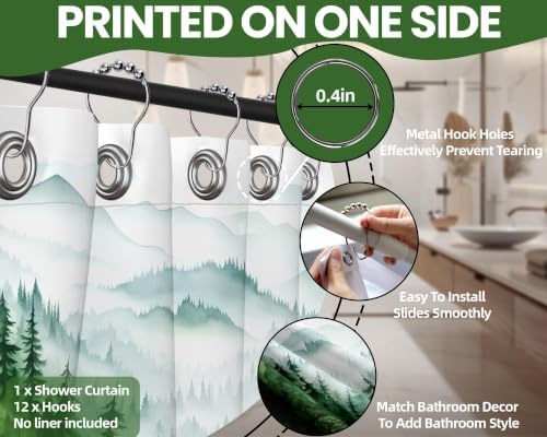 Dark Green and White Forest Shower Curtain, 72x72 in, Nature Pine Tree