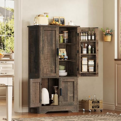 43”H Pantry Cabinet with 4 Doors, Kitchen Cabinet with 6 Door Shelves