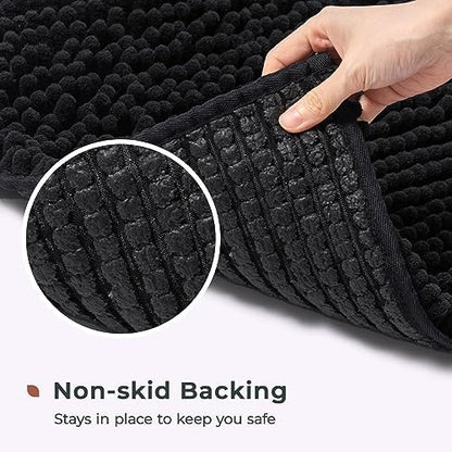 FRESHMINT Large Chenille Bathroom Rugs Mat 36”x24”, Non-Slip Bath Mat for Bathroom Floor & Bathtub, Washable Shower Shag Bath Rugs, Soft Fluffy Thick Water Absorbent Microfiber Shower Mat, Black