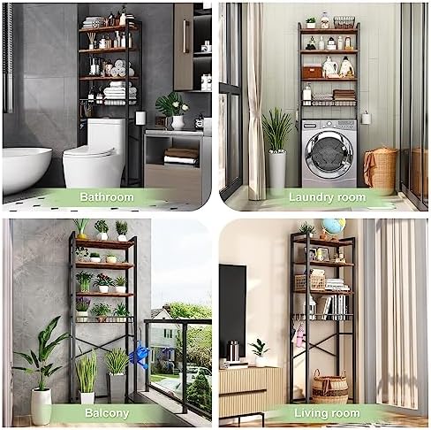 Kalrin Over-The-Toilet Storage Rack, 4-Tier Bathroom Organizer Shelf Over Toilet with Adjustable Shelf and Basket, Freestanding Space Saver Bathroom Shelves Above Toilet for Room (Vintage Brown)