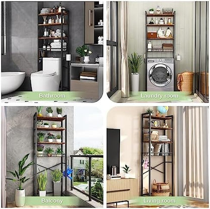 Kalrin Over-The-Toilet Storage Rack, 4-Tier Bathroom Organizer Shelf Over Toilet with Adjustable Shelf and Basket, Freestanding Space Saver Bathroom Shelves Above Toilet for Room (Vintage Brown)