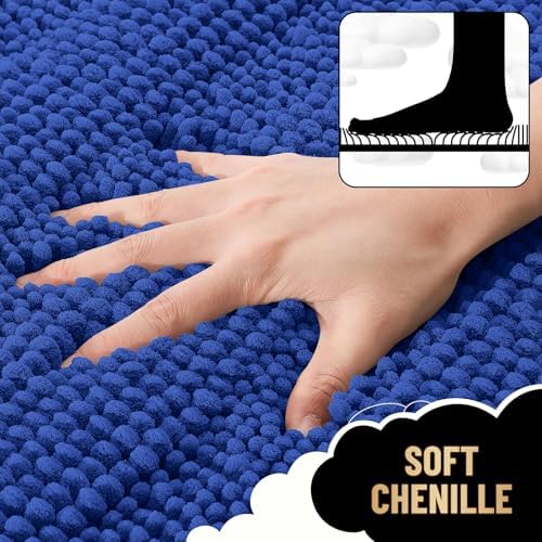 OLANLY Thick Bathroom Rugs 30x20, Chenille Striped Bath Rugs, Royal Blue