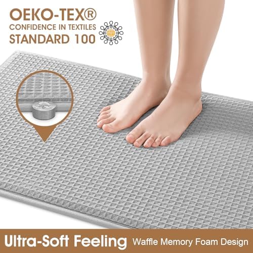 Memory Foam Bath Mat, Ultra Soft Absorbent Waffle Bathroom Rugs, Super Non-Slip PVC Backing Bath Rug Quick Dry, Machine Washable Rug for Tub, Shower, Home Decor Accessory, 32" x 20", Light Gray