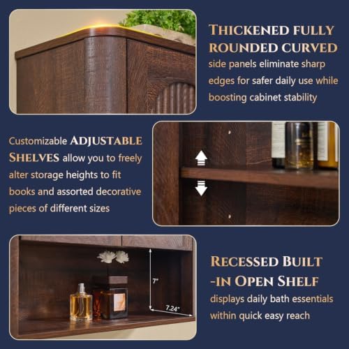 Bathroom Fluted Arched Wall Cabinet, 23.6''W Wood Medicine Cabinet,Brown