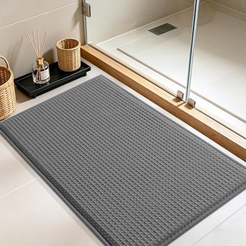 Memory Foam Bath Mat, Ultra Soft Absorbent Waffle Bathroom Rugs, Super Non-Slip PVC Backing Bath Rug Quick Dry, Machine Washable Rug for Tub, Shower, Home Decor Accessory, 24" x 17", Dark Gray