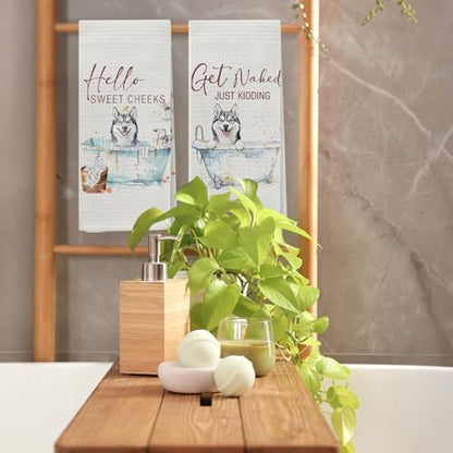 Funny Husky Hand Towels, Hello Sweet Cheeks Bathroom Decor, Husky Gifts Decorative Hand Towels for Bathroom Washroom Restroom, Gifts for Husky Lovers, 16x24 Inch Set of 2