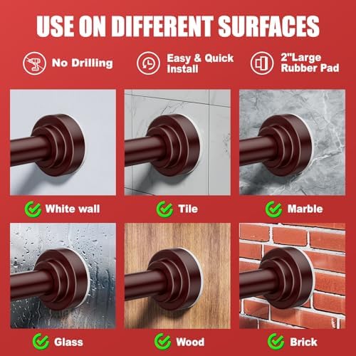 Ausemku Shower Curtain Rod - 32-92 Inch Rustproof Tension Rod, Non-Slip Spring Design, No Drilling Adjustable Curtain Rod for Bathroom, Kitchen, and Closet（Brown）