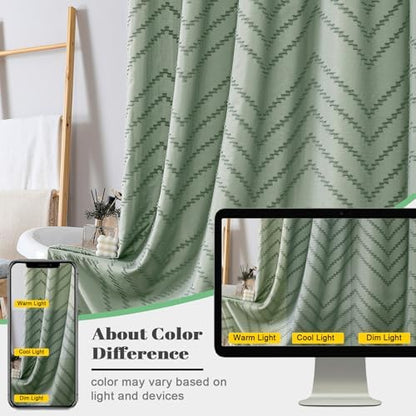 OWENIE Extra Long Sage Green Boho Shower Curtain, Chic Tufted Chevron Striped Textured Fabric Cloth Shower Curtains with Tassel for Bathroom, Soft Hotel Style Farmhouse, Machine Washable, 72x84