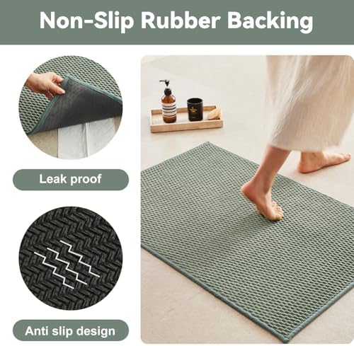 Triohero Large Bathroom Rugs Non Slip Washable Bath Rugs Super Absorbent Bathroom Rug Thin Quick Dry Low Pile Bath Mats, Sage Green 36"x48"