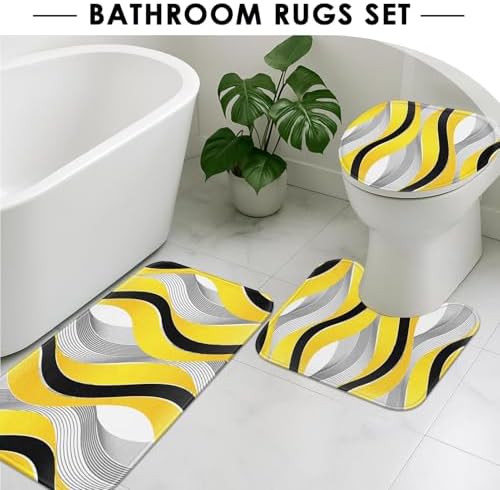 Bathroom Sets with Shower Curtain and Rugs, 4 Pcs Geometric Yellow