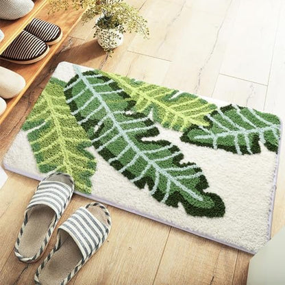Leaves Bath Mat Green Area Rug 2 Piece Non-Slip Soft Absorbent Bathroom Rugs Set Machine Washable Bath Rug Floor Carpet Entryway Door Mat for Tub Shower Decor (17.5 X 25.5+19.5 X 31.5 Inches)