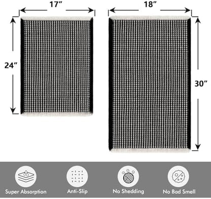 MIULEE Set of 2 Waffle Bathroom Rugs Black&Cream Bath Mat 17"x24"+18"x30"