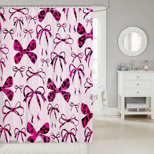 jejeloiu Cute Bowknot Shower Curtain for Bathroom Decor 72"x72" Pink Black Girls Bow Bath Curtain Kawaii Leopard Bathroom Accessories Waterproof Polyester Fabric for Stalls Bathtubs Princess Decor
