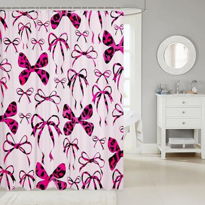 jejeloiu Cute Bowknot Shower Curtain for Bathroom Decor 72"x72" Pink Black Girls Bow Bath Curtain Kawaii Leopard Bathroom Accessories Waterproof Polyester Fabric for Stalls Bathtubs Princess Decor