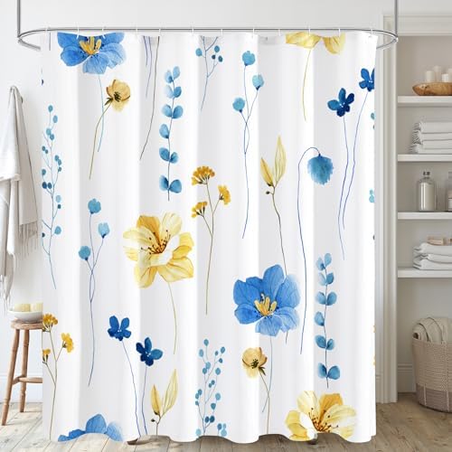 Gibelle Blue Yellow Watercolor Floral Fabric Shower Curtain, 72x72