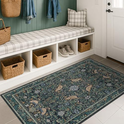 Traditional Washable Entryway Rugs, 3x4 Blue and Green Floral Kitchen Mat for Floor, Bedside, Rug for Laundry Room Floor Non Slip, Moody Stain Resistant Low Plie Carpet
