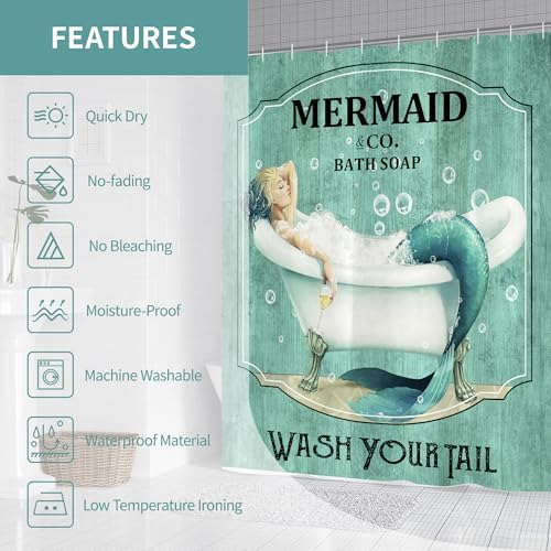 Teal Vintage Mermaid Shower Curtain for Bathroom 72W*72H Inch Little Teal Green Mermaid Wash Your Tail Bathtub Decor Funny Ocean Bathtub Bubbles Wood Aesthetic Waterproof Polyester Fabric