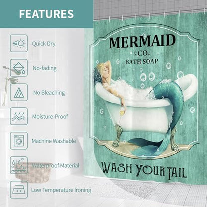 Teal Vintage Mermaid Shower Curtain for Bathroom 72W*72H Inch Little Teal Green Mermaid Wash Your Tail Bathtub Decor Funny Ocean Bathtub Bubbles Wood Aesthetic Waterproof Polyester Fabric