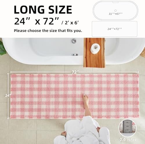 TYUU Waffle Runner Rug Bathroom, Long Cute Bath Mat, 72x24 Pink & White