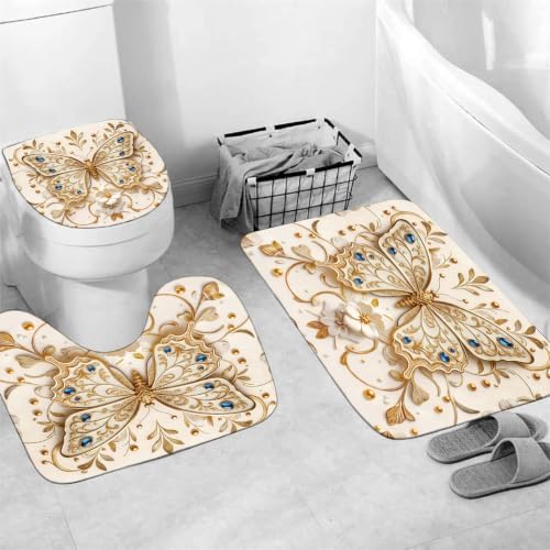 Chrainy 4pcs Golden Butterfly Shower Cutain Set Bathroom Decor Accessories