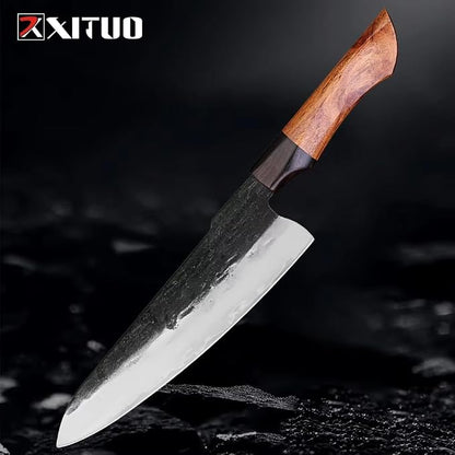 XITUO Hand-Forged Triple-Layered High Carbon Steel Knife – Professional Kitchen Knives with Ebony Sandalwood Handle, Ultra Sharp for Home Chefs (Chef Knife B)
