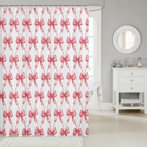jejeloiu Red Bow Shower Curtain 72"x84" Cute Bowknot Bath Curtain Boys Girls Bow and Stripes Bathroom Shower Curtain Set for Kids Women Men Kawaii Kids Bathroom Accessories