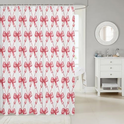jejeloiu Red Bow Shower Curtain 72"x84" Cute Bowknot Bath Curtain Boys Girls Bow and Stripes Bathroom Shower Curtain Set for Kids Women Men Kawaii Kids Bathroom Accessories