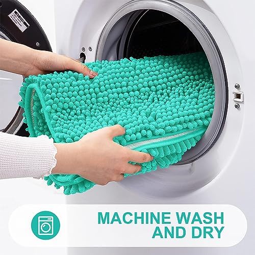 Grandaily Chenille Striped Bathroom Rugs 36x24, Extra Thick and Absorbent Bath Mats, Non-Slip Soft Plush Shaggy Shower Carpet, Machine Wash Dry, Bath Rug for Bathroom, (Large, Teal)