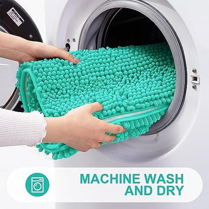 Grandaily Chenille Striped Bathroom Rugs 36x24, Extra Thick and Absorbent Bath Mats, Non-Slip Soft Plush Shaggy Shower Carpet, Machine Wash Dry, Bath Rug for Bathroom, (Large, Teal)