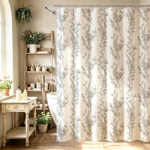 Grey Linen Farmhouse Shower Curtain, Boho Floral Bathroom 72x72