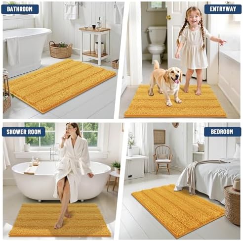 Grandaily Chenille Striped Bathroom Rugs 44x24, Extra Thick and Soft Absorbent Bath Mats, Rubber Backing, Plush Shaggy Shower Carpet, Machine Wash Dry, Bath Rug for Bathroom, Golden Yellow