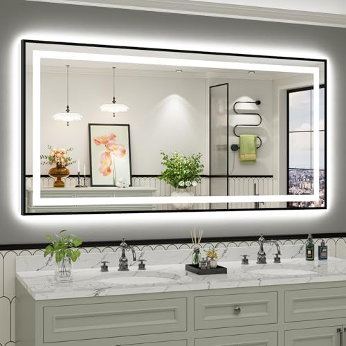 72x36 Inch LED Bathroom Mirror with Black Frame, Backlit & Front Lit