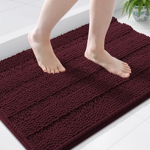 Grandaily Chenille Striped Bathroom Rugs 44x24, Extra Thick and Soft Absorbent Bath Mats, Rubber Backing, Plush Shaggy Shower Carpet, Machine Wash Dry, Bath Rug for Bathroom, Black Cherry