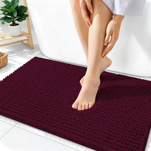 OLANLY Thick Chenille Absorbent Bathroom Rugs Mat 36x24, Black Cherry