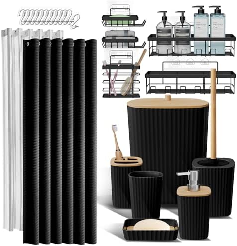 Clara Clark Black Bathroom Set, Shower Curtain Set and Shower Caddy Hanging